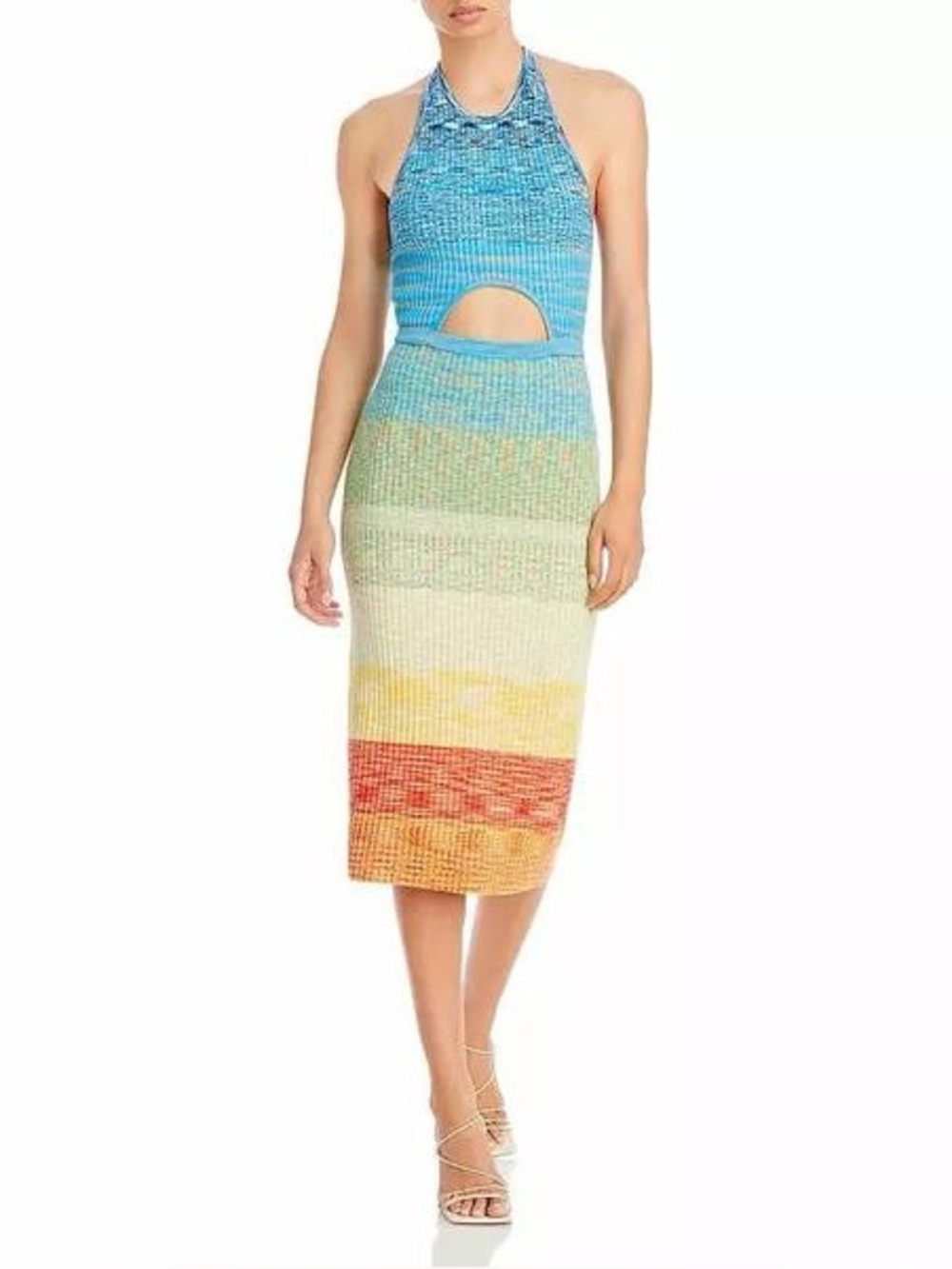 STAUD Edesia Blue Multi-Color Knit Halter Off-Shoulder Dress in Rainbow Multi